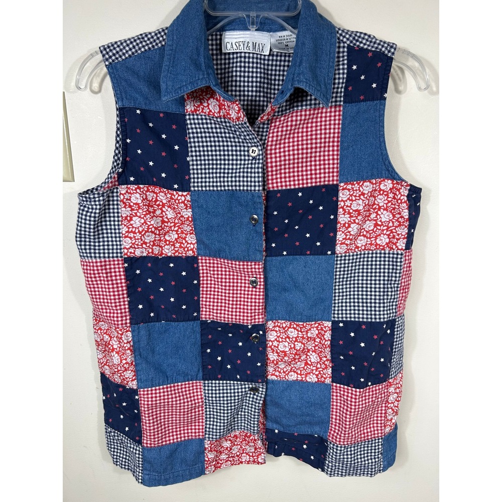 VTG Casey & Max Patchwork Patriotic Vest Shirt Womens M Americana 90s Country